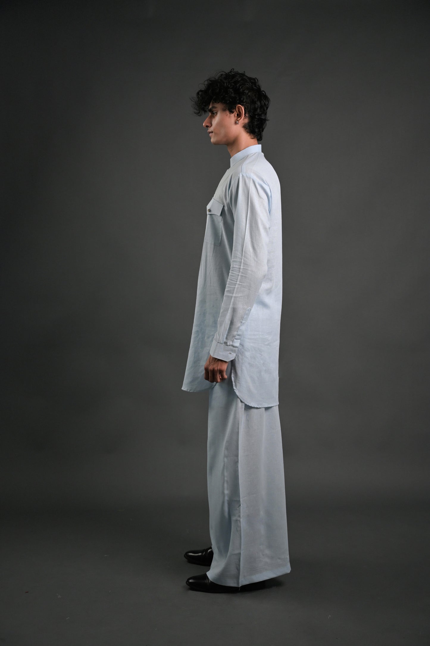 Classic Sky Blue Linen Blend Pathani Suit with Flared Pants