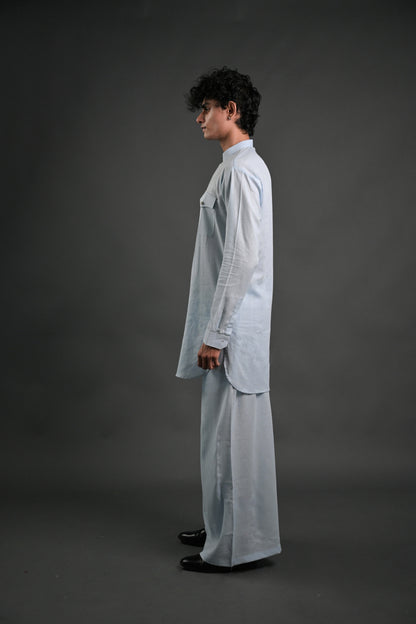 Classic Sky Blue Linen Blend Pathani Suit with Flared Pants