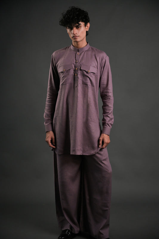 Classic Mauve Linen Blend Pathani Suit with Flared Pants