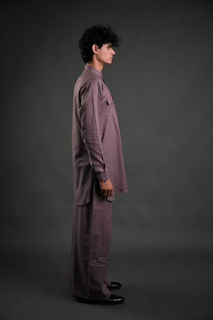 Classic Mauve Linen Blend Pathani Suit with Flared Pants