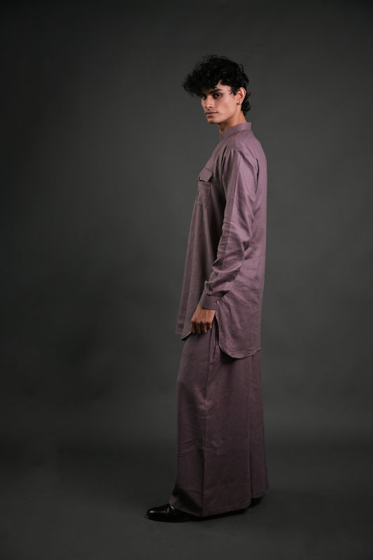 Classic Mauve Linen Blend Pathani Suit with Flared Pants