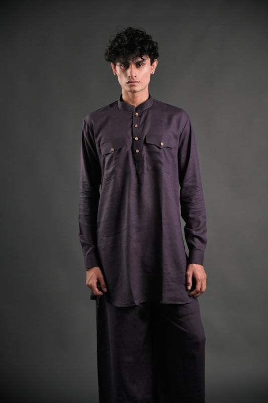 Classic Purple Linen Blend Pathani Suit with Flared Pants