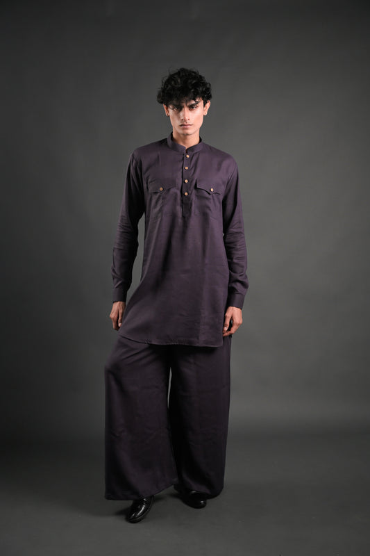 Classic Purple Linen Blend Pathani Suit with Flared Pants