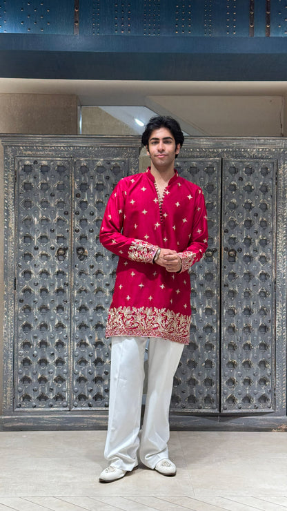 Rani Pink Silk Short Kurta Set with Jari Embroidery