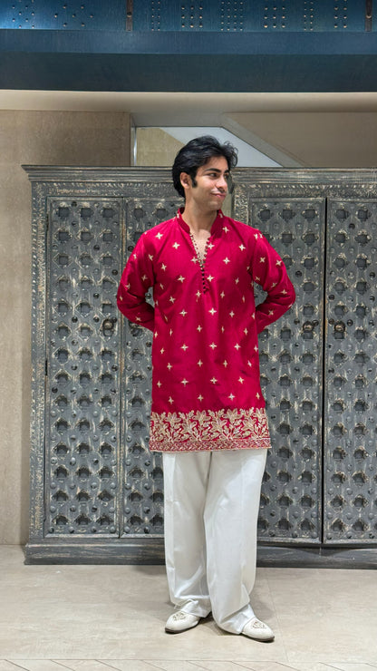 Rani Pink Silk Short Kurta Set with Jari Embroidery