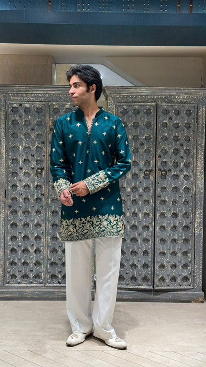 Peacock Teal Silk Short Kurta Set with Jari Embroidery