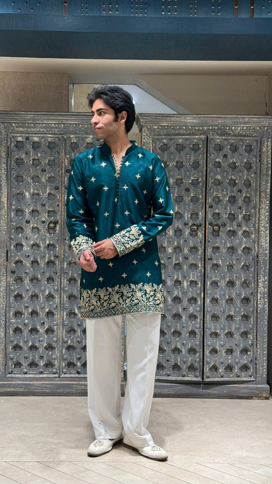 Peacock Teal Silk Short Kurta Set with Jari Embroidery