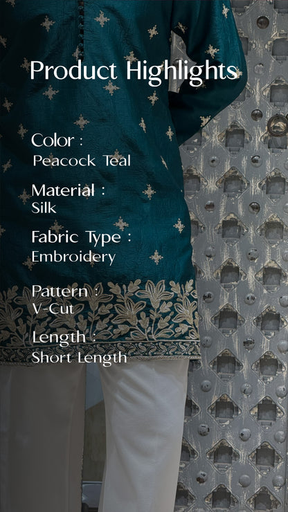 Peacock Teal Silk Short Kurta Set with Jari Embroidery