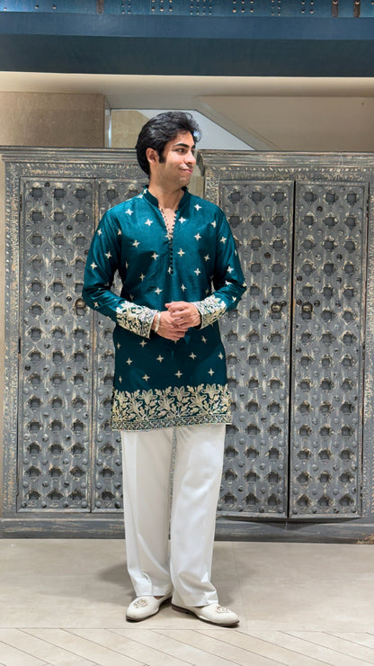 Peacock Teal Silk Short Kurta Set with Jari Embroidery