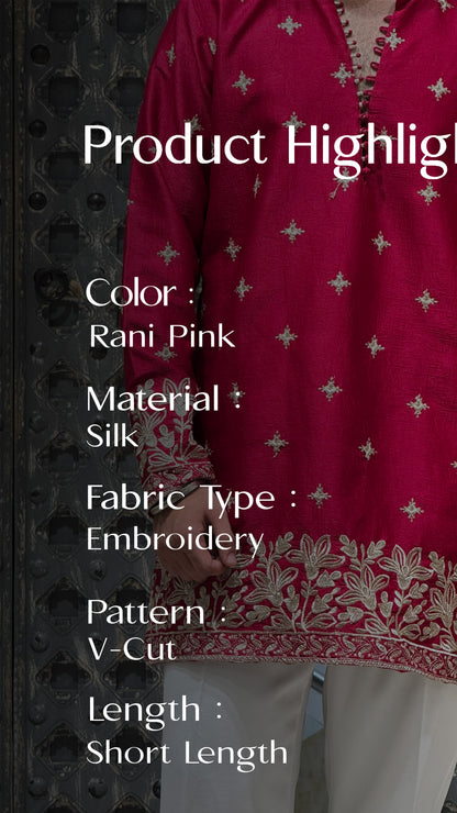 Rani Pink Silk Short Kurta Set with Jari Embroidery
