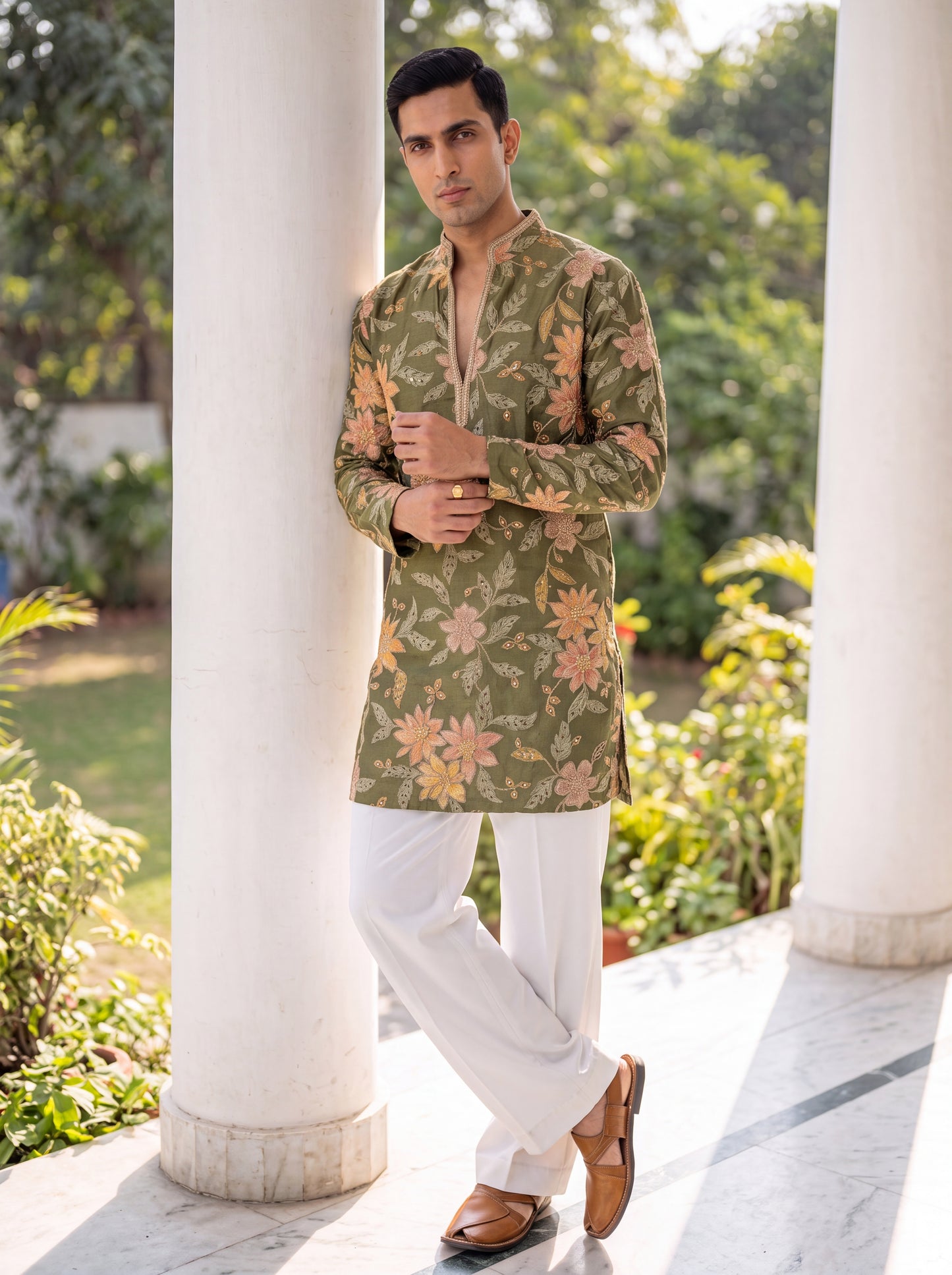 Green Tissue Silk Short Kurta Set with Position Print & Coding