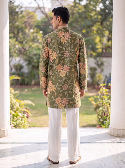 Green Tissue Silk Short Kurta Set with Position Print & Coding