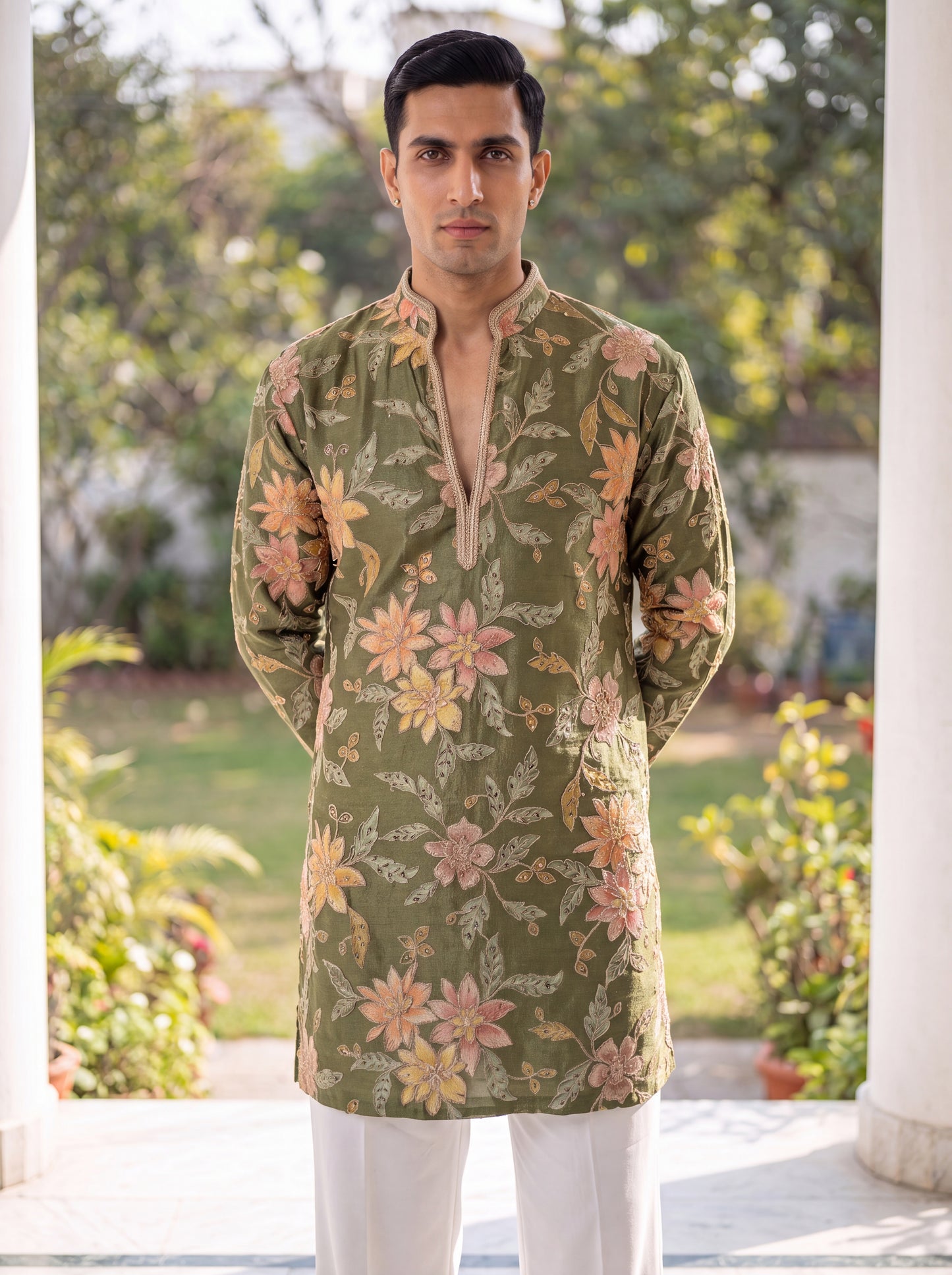 Green Tissue Silk Short Kurta Set with Position Print & Coding