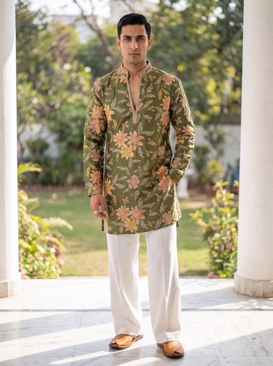 Green Tissue Silk Short Kurta Set with Position Print & Coding