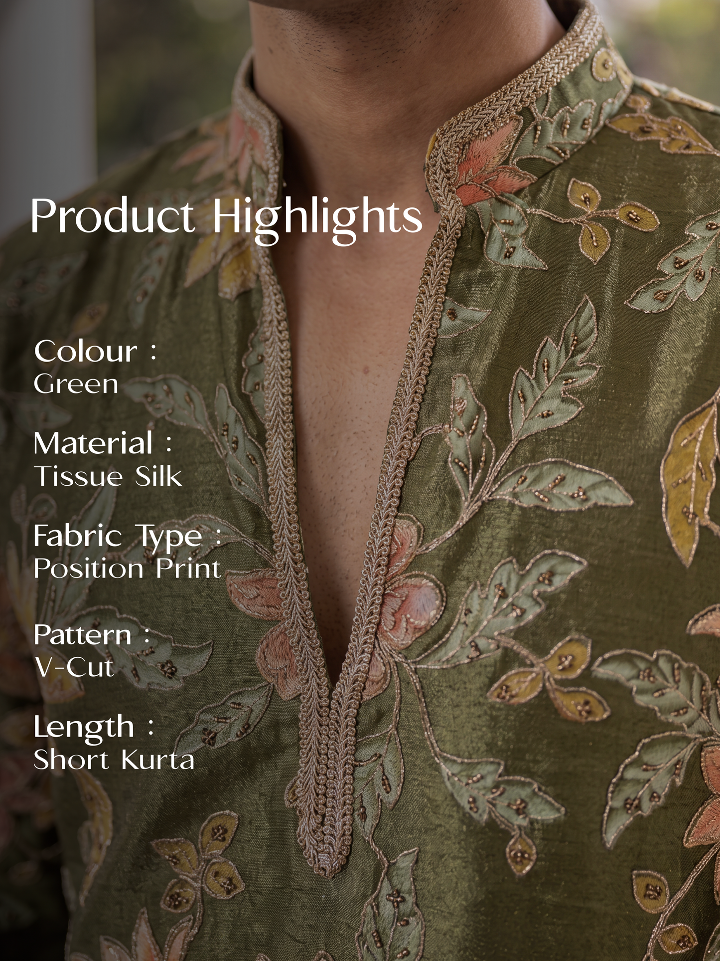 Green Tissue Silk Short Kurta Set with Position Print & Coding
