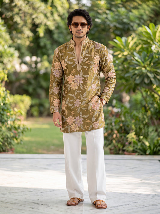 Olive Tissue Silk Short Kurta Set with Position Print & Coding