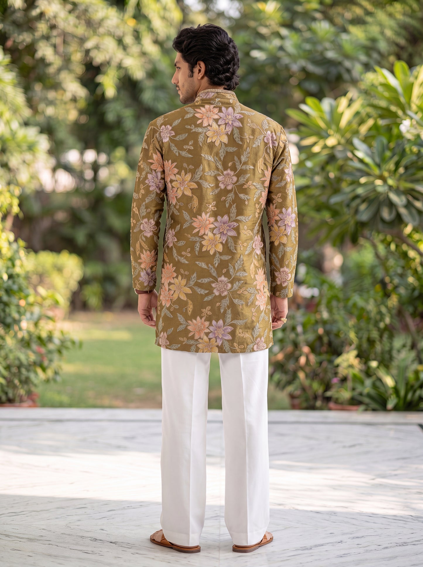 Olive Tissue Silk Short Kurta Set with Position Print & Coding