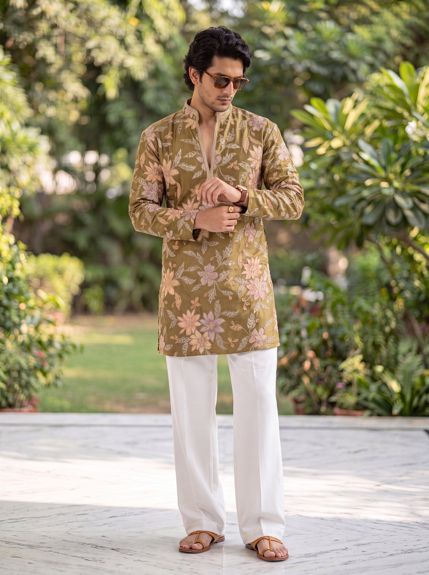 Olive Tissue Silk Short Kurta Set with Position Print & Coding