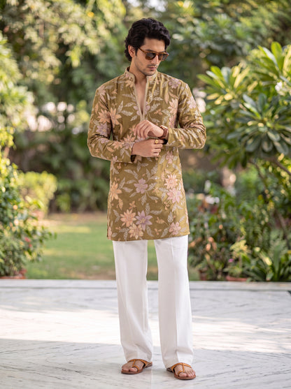 Olive Tissue Silk Short Kurta Set with Position Print & Coding