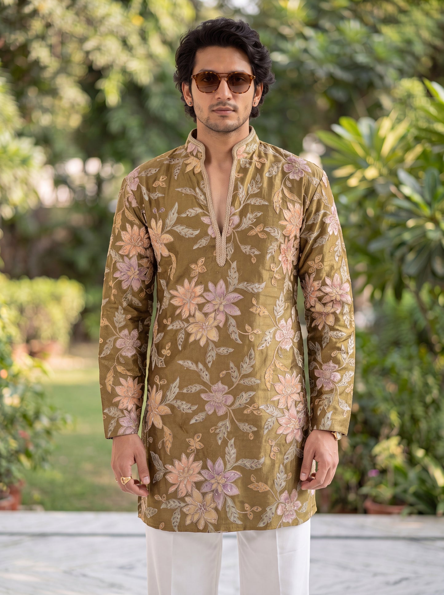 Olive Tissue Silk Short Kurta Set with Position Print & Coding
