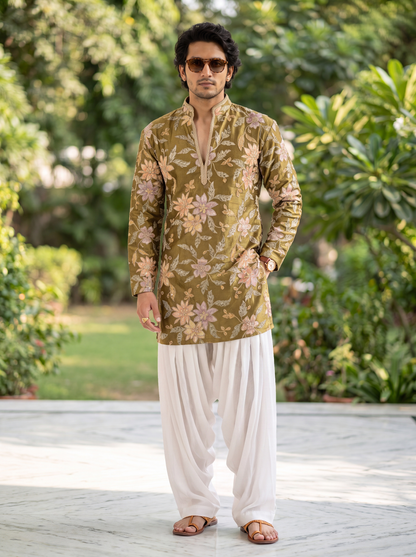 Olive Tissue Silk Short Kurta Set with Position Print & Coding