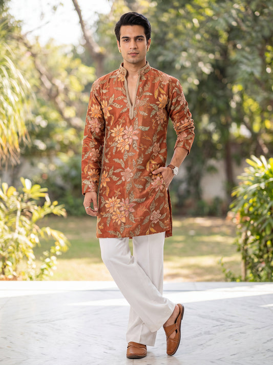 Rust Colour Tissue Silk Short Kurta Set with Position Print & Coding