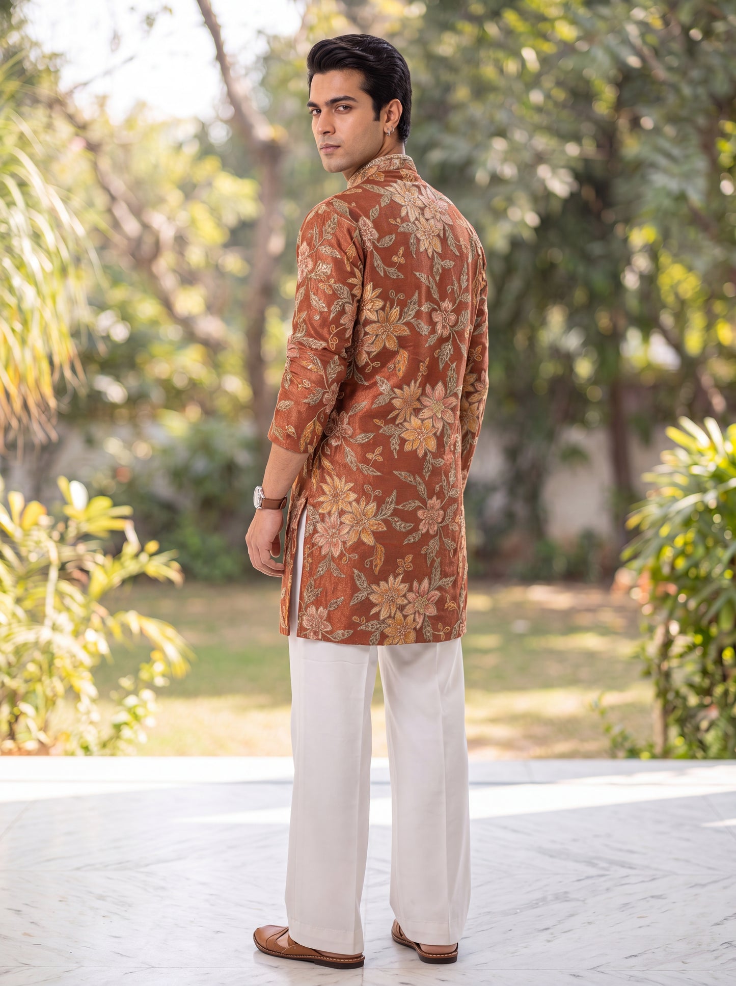 Rust Colour Tissue Silk Short Kurta Set with Position Print & Coding