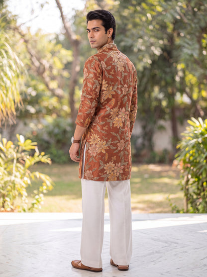 Rust Colour Tissue Silk Short Kurta Set with Position Print & Coding