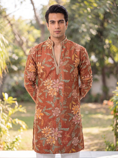 Rust Colour Tissue Silk Short Kurta Set with Position Print & Coding