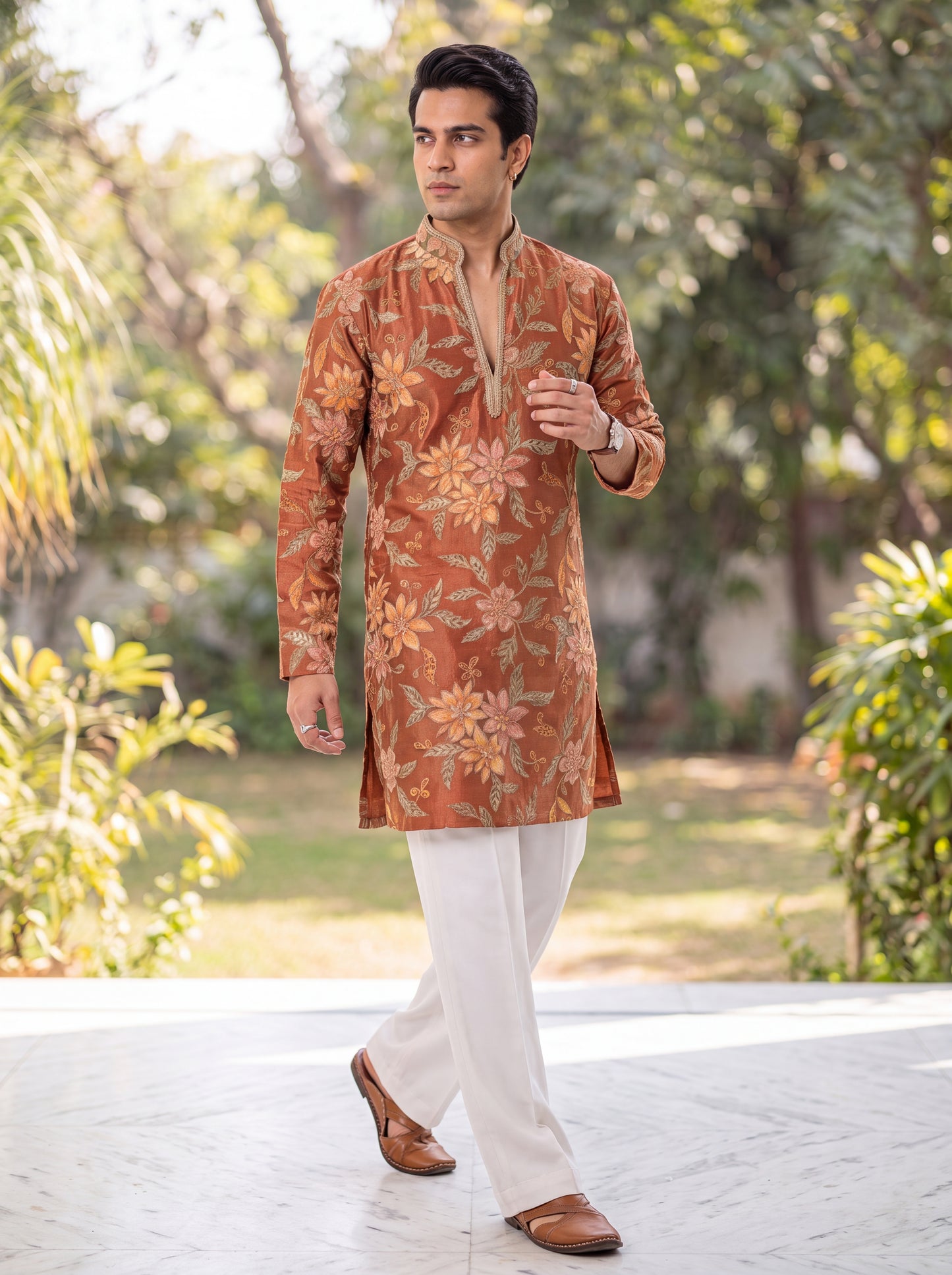 Rust Colour Tissue Silk Short Kurta Set with Position Print & Coding