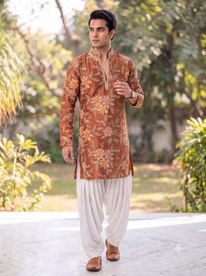 Rust Colour Tissue Silk Short Kurta Set with Position Print & Coding
