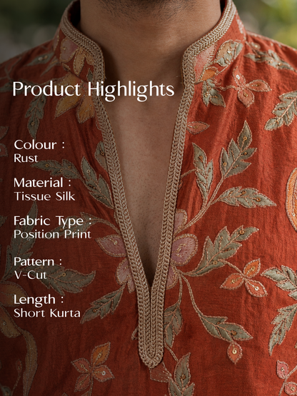 Rust Colour Tissue Silk Short Kurta Set with Position Print & Coding