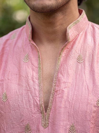 Light Pink Satin Fancy Short Kurta Set with Zari Embroidery