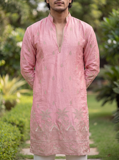 Light Pink Satin Fancy Short Kurta Set with Zari Embroidery