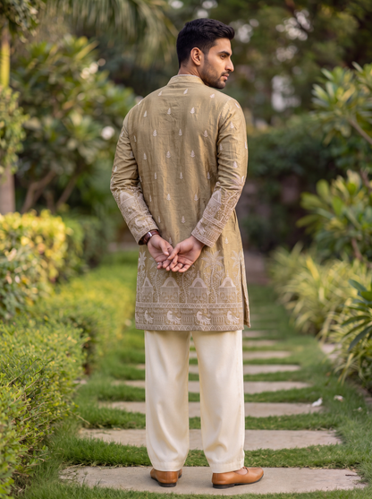 Golden Satin Fancy Short Kurta Set with Zari Embroidery