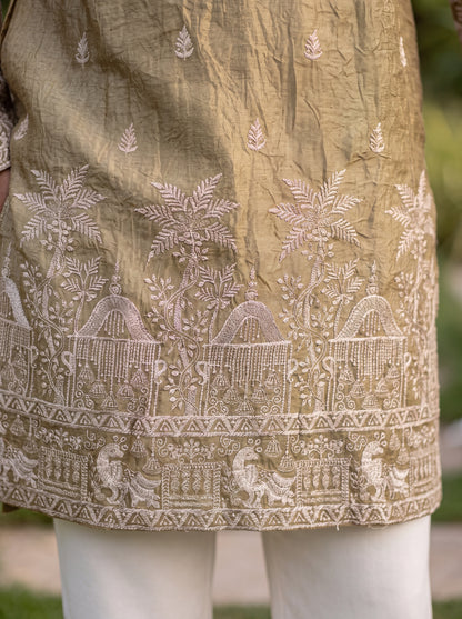 Golden Satin Fancy Short Kurta Set with Zari Embroidery