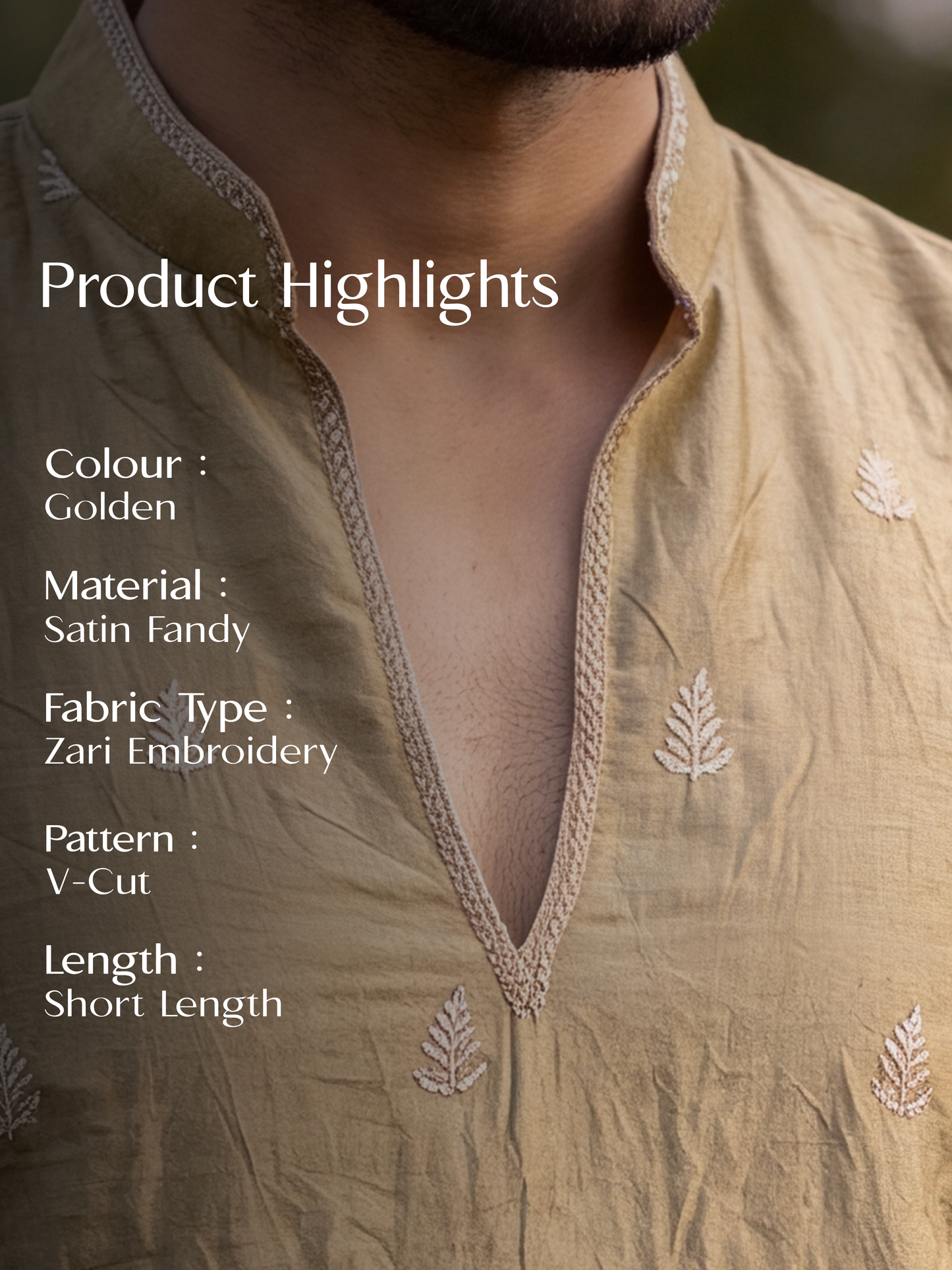 Golden Satin Fancy Short Kurta Set with Zari Embroidery