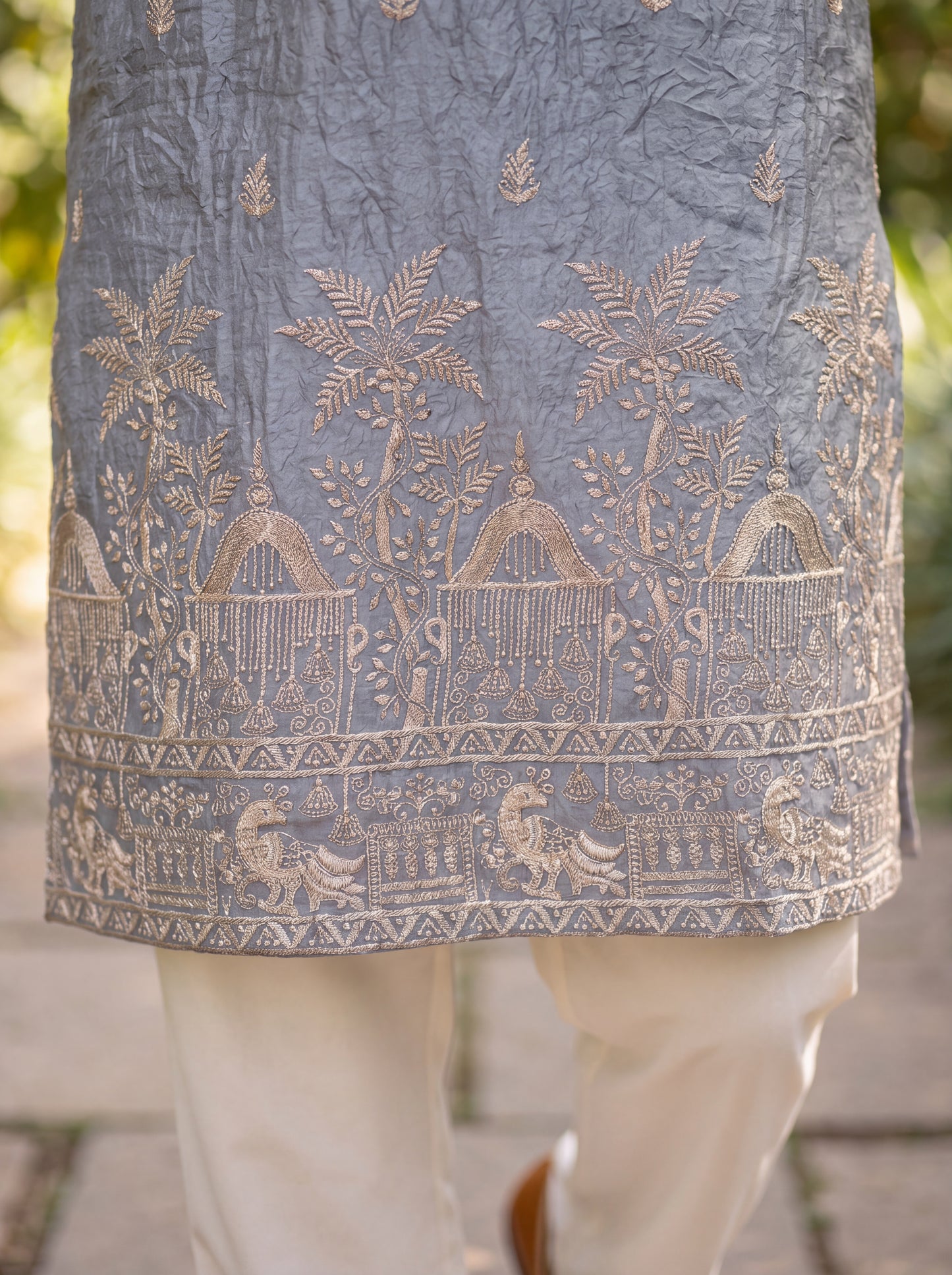 Grey Satin Fancy Short Kurta Set with Zari Embroidery
