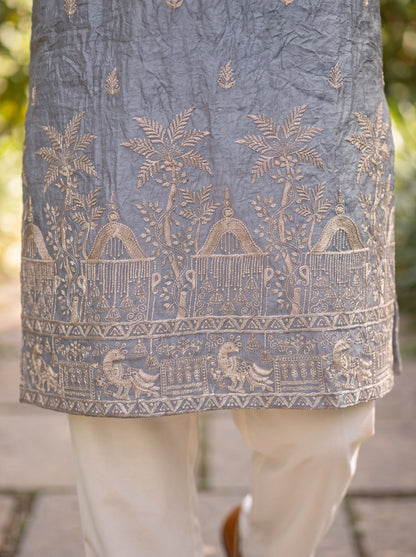 Grey Satin Fancy Short Kurta Set with Zari Embroidery