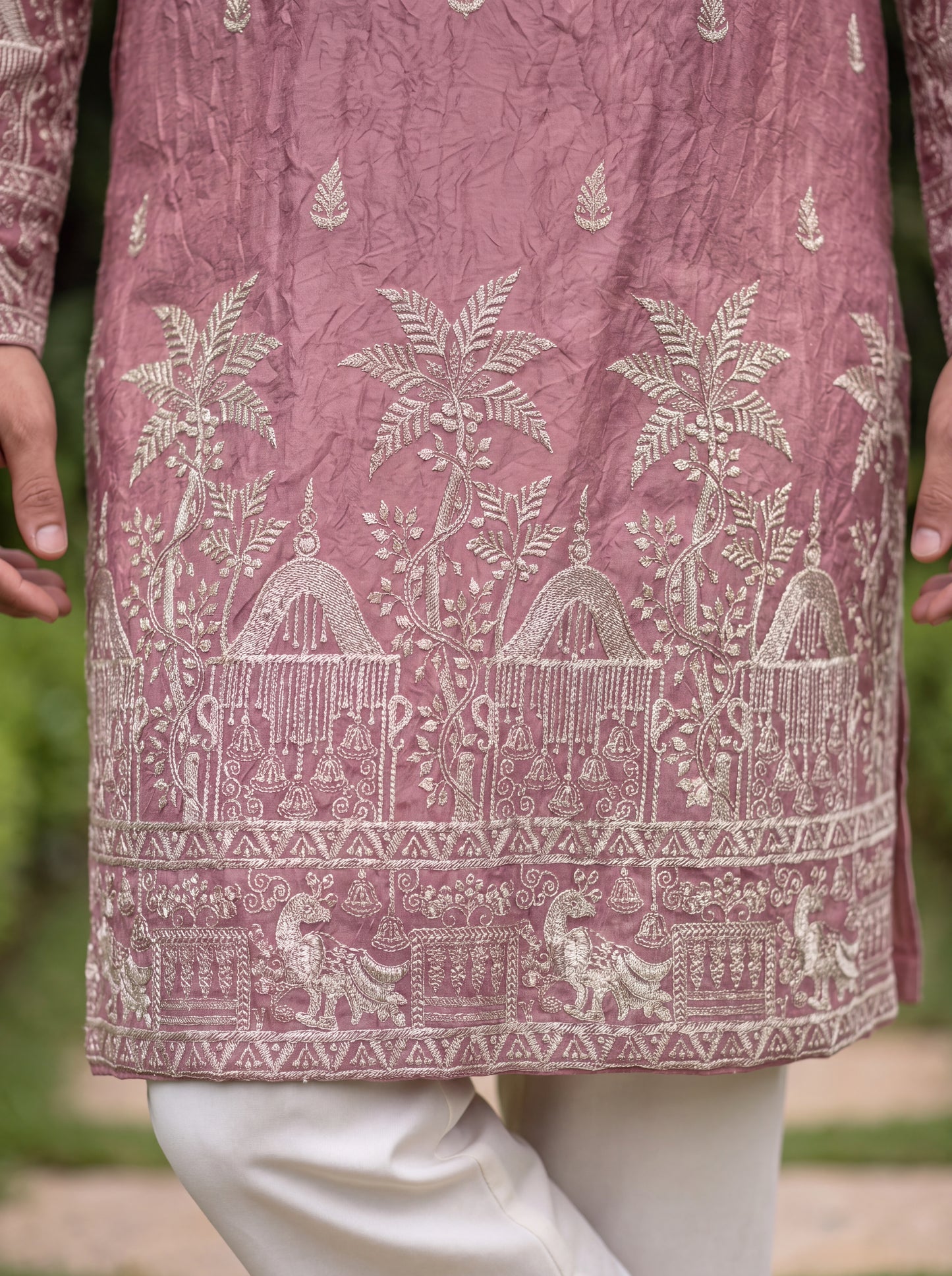 Onion Pink Satin Fancy Short Kurta Set with Zari Embroidery