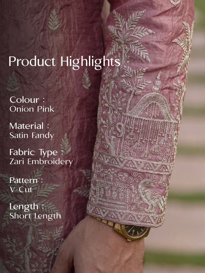 Onion Pink Satin Fancy Short Kurta Set with Zari Embroidery