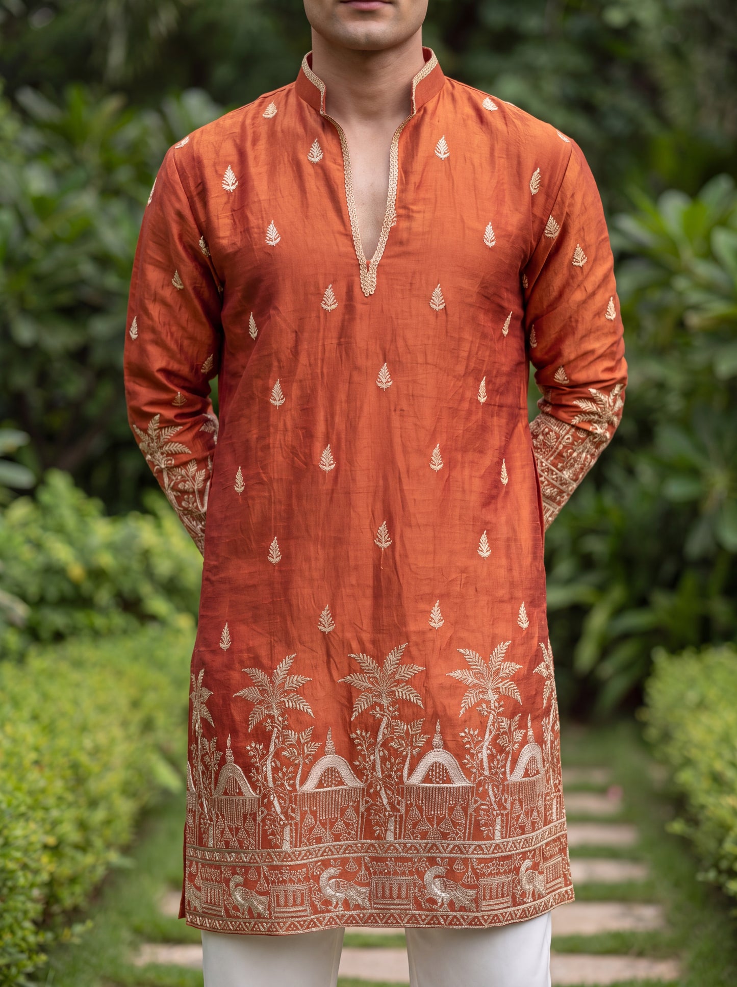 Orange Satin Fancy Short Kurta Set with Zari Embroidery