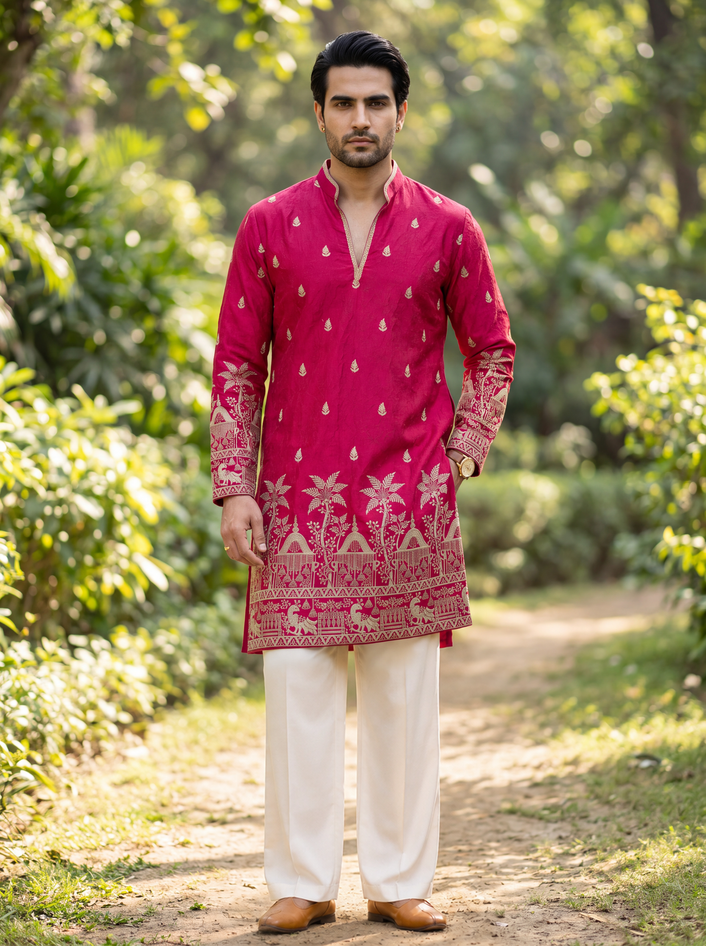 Red Pink Satin Fancy Short Kurta Set with Zari Embroidery