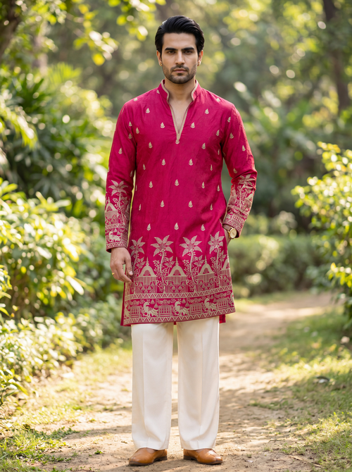 Red Pink Satin Fancy Short Kurta Set with Zari Embroidery