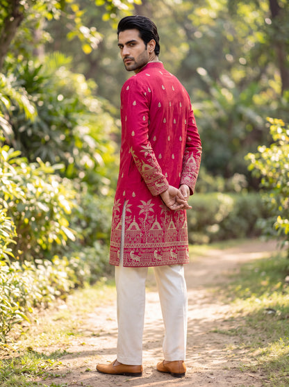 Red Pink Satin Fancy Short Kurta Set with Zari Embroidery