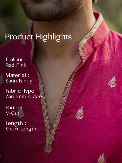 Red Pink Satin Fancy Short Kurta Set with Zari Embroidery