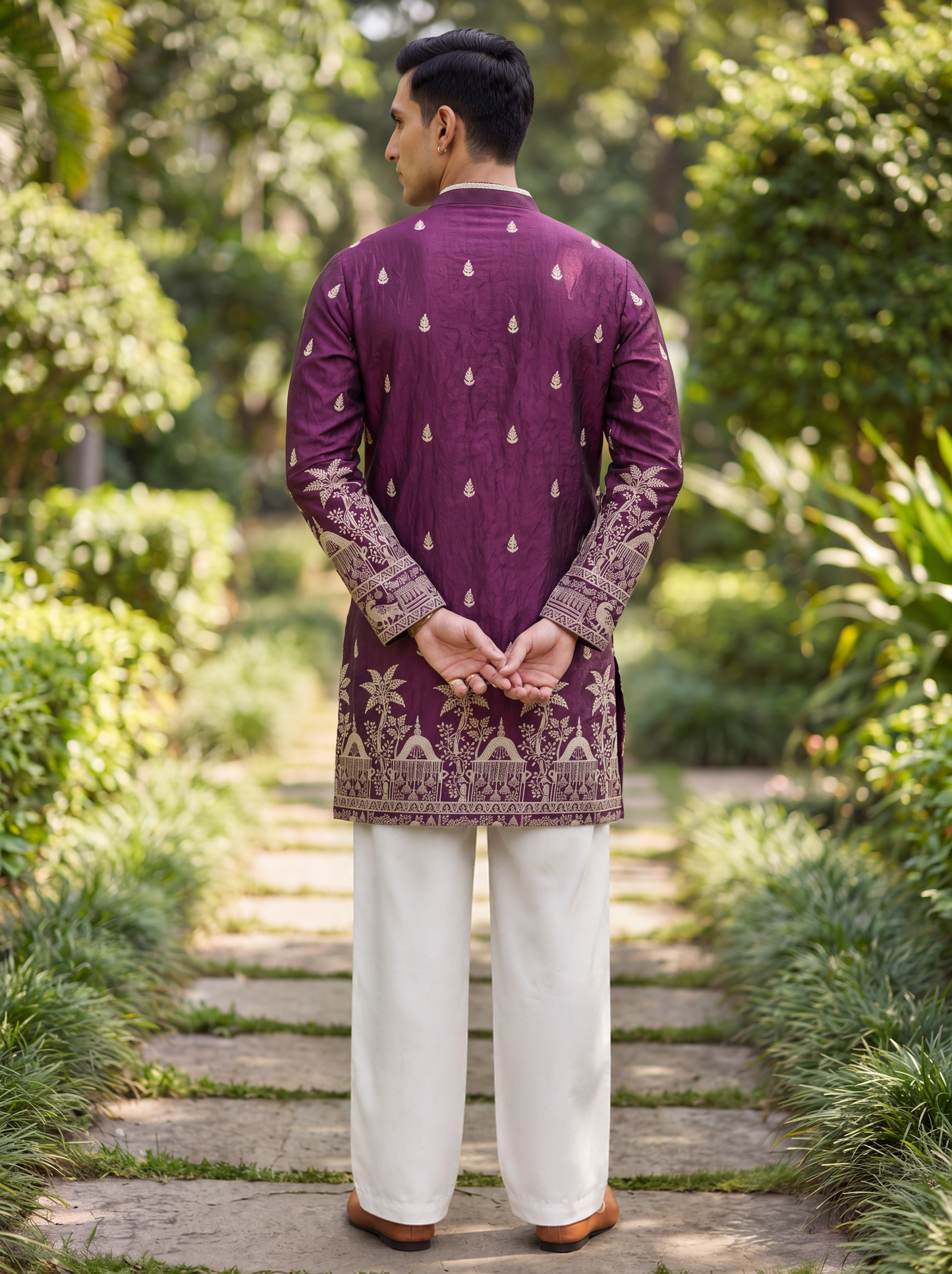 Wine Satin Fancy Short Kurta Set with Zari Embroidery