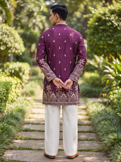 Wine Satin Fancy Short Kurta Set with Zari Embroidery