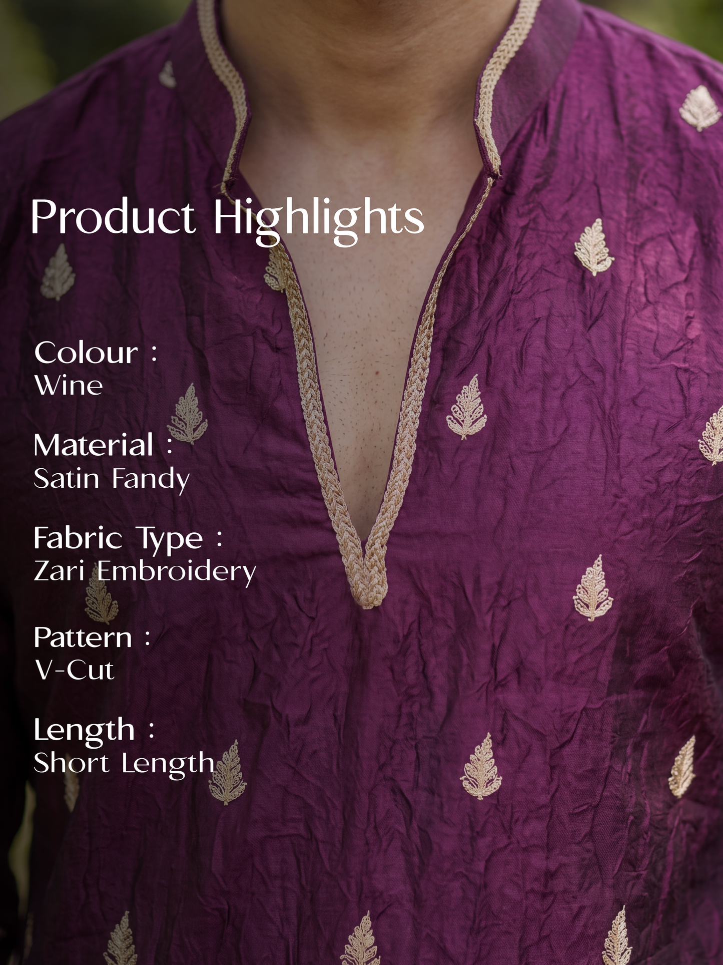 Wine Satin Fancy Short Kurta Set with Zari Embroidery
