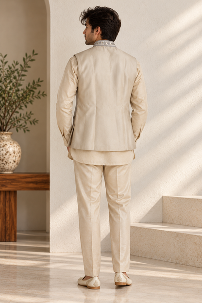 Cream Tissue Silk Bandi Jacket Kurta Set with Mirror Work and Thread Embroidery